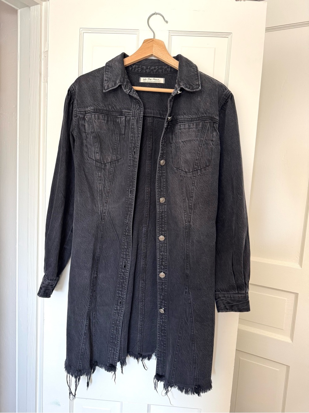 We The Free Washed Black Long Denim Jacket Distressed Over Coat